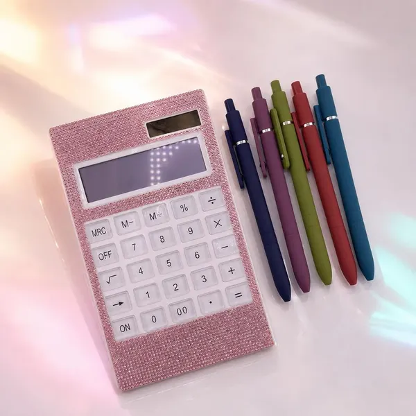 Pack CALCULADORA BRILLO ROSA + Kit 5 Plumas Terciopelo Mix