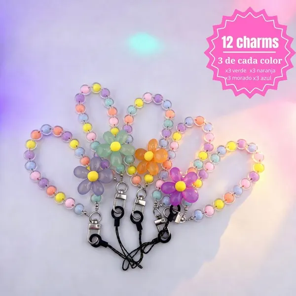 Pack Charm Cuentas con Flor Morado ×3 + Charm Cuentas con Flor Verde ×3 + Charm Cuentas co