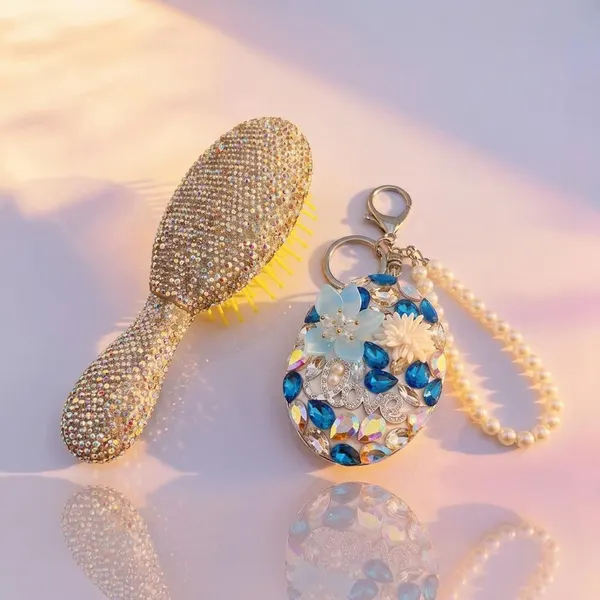 Pack Cepillo Brillos Plata + Espejo Mini Ovalado Azul