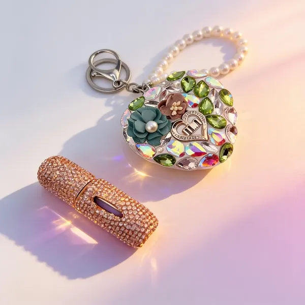 Pack Espejo Mini Corazón Verde y Perfumero Mini Durazno con Cristales